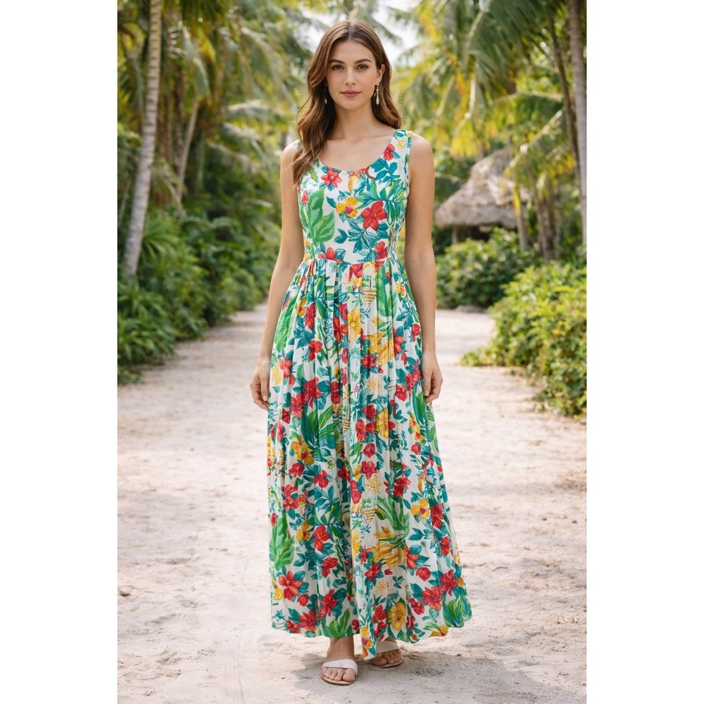 New Aura Dress Womens Size S Floral Sleeveless Pleated Cottage Tropical Boho NWT